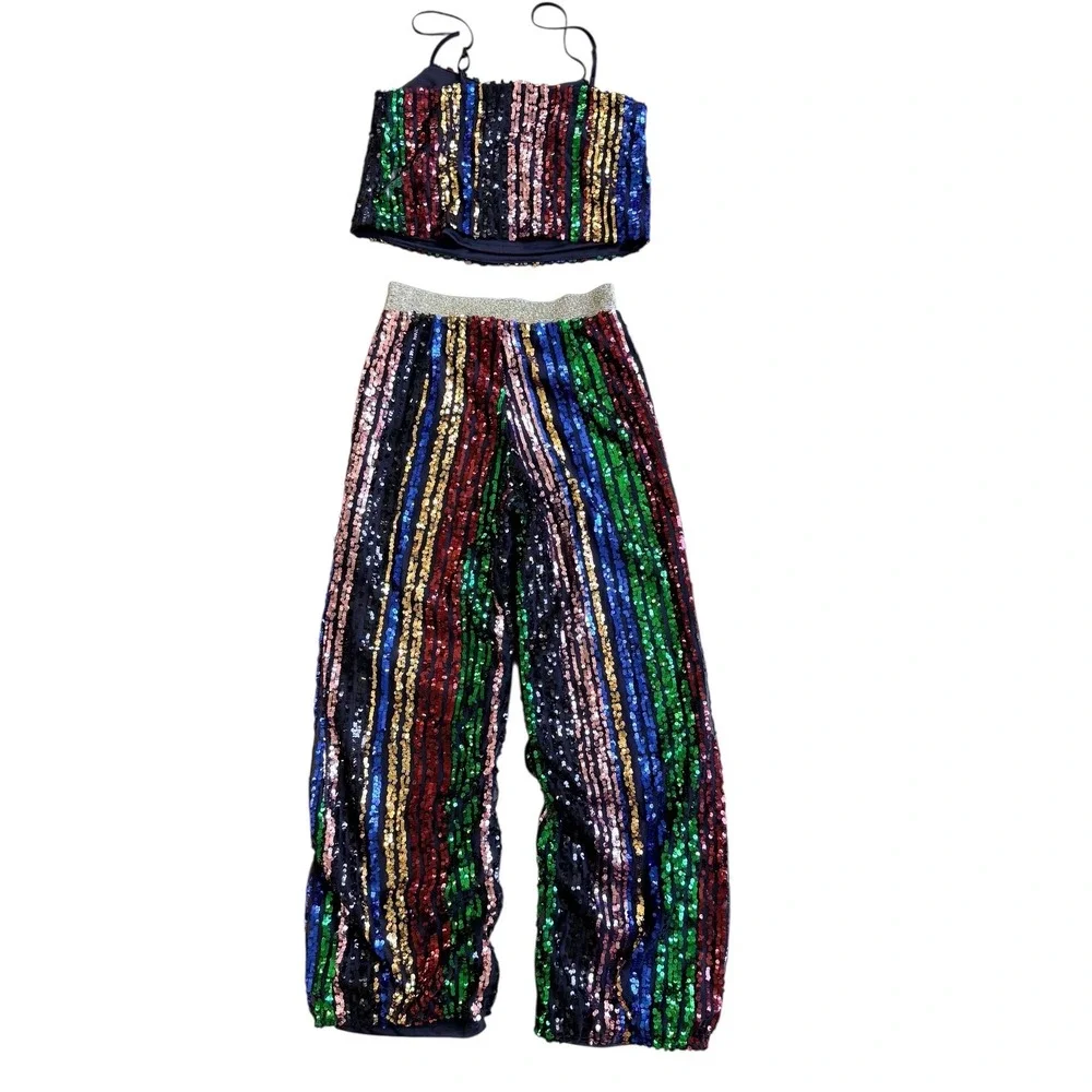 Love by Design Rainbow Sequin 2 Piece Set Crop Top M Pants S Festival Party Glam